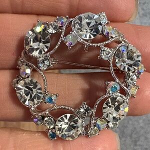 VINTAGE RHINESTONE AND RAINBOW CRYSTAL WREATH 1.5" PENDANT AND BROOCH